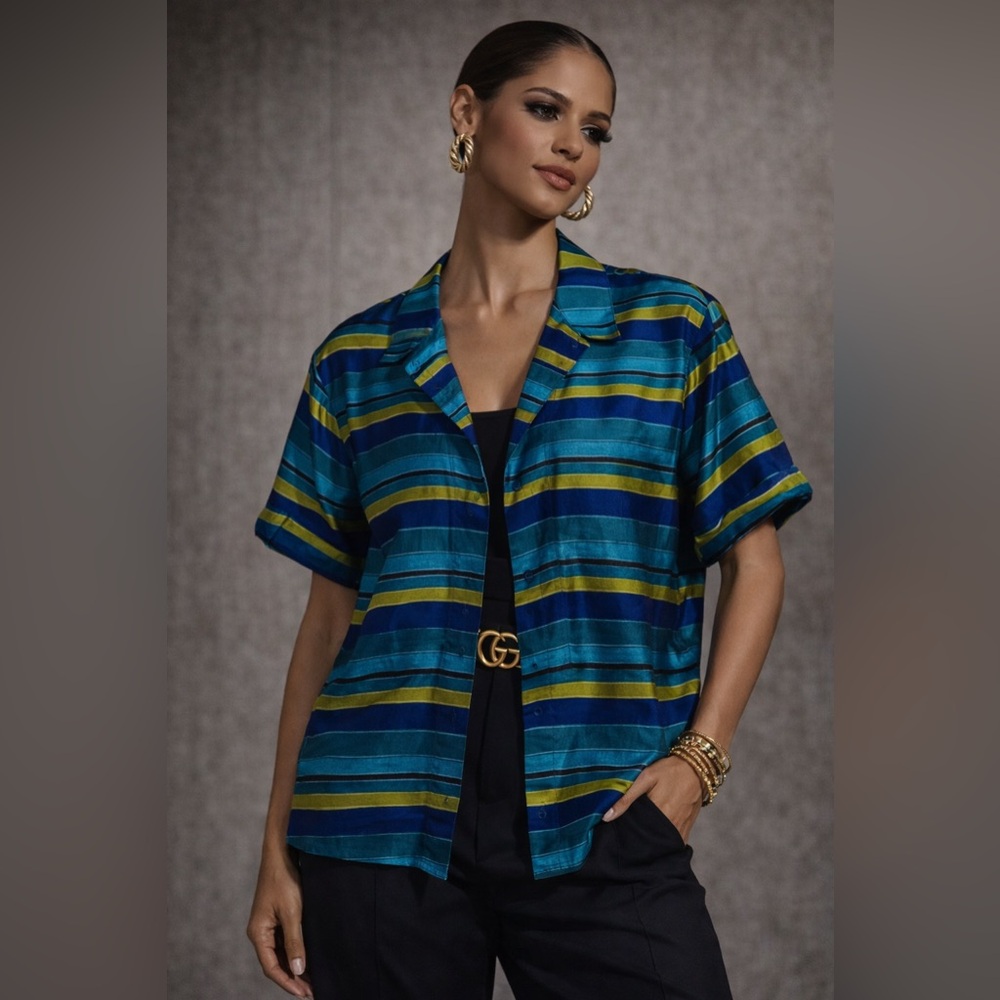 Vintage Horizontal Stripe 3/4 Sleeve Silk Button Up Top Size 1 By CHICO
